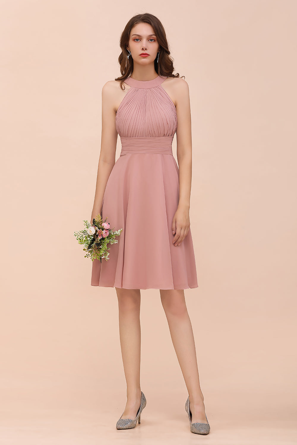 Affordable Dusty Pink Round Neck Ruffle Short Bridesmaid dresses - Fashionpara