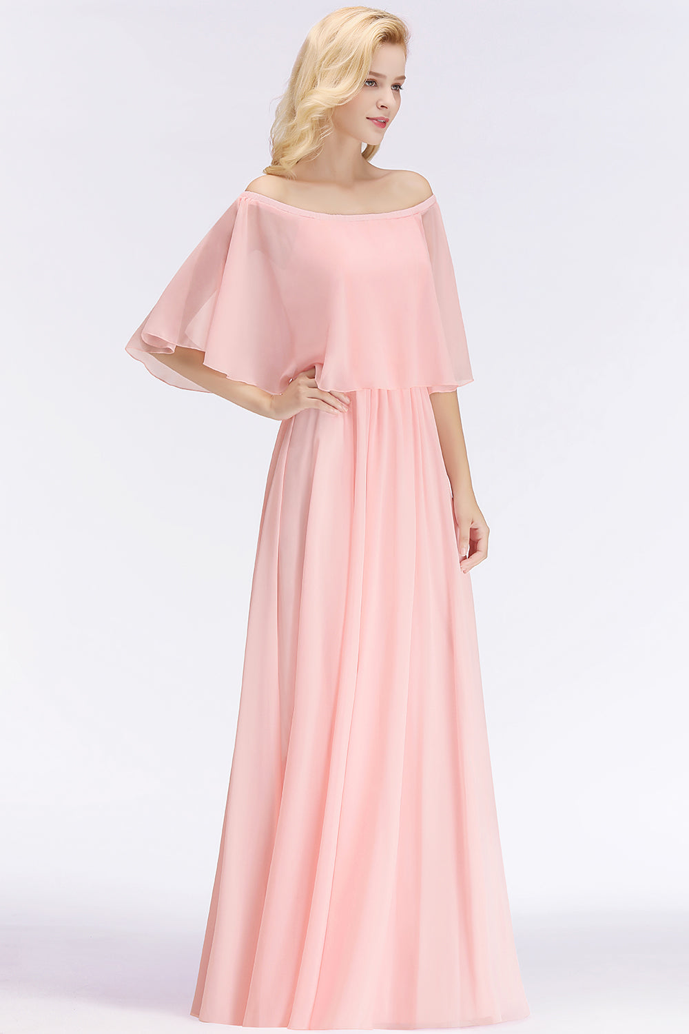 Affordable Flounced Crinkle Halter Bridesmaid dresses Modest Pink Chiffon Wedding Party Dress - Fashionpara