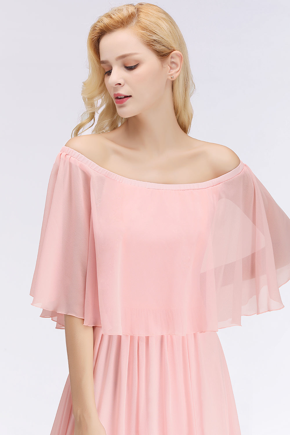 Affordable Flounced Crinkle Halter Bridesmaid dresses Modest Pink Chiffon Wedding Party Dress - Fashionpara