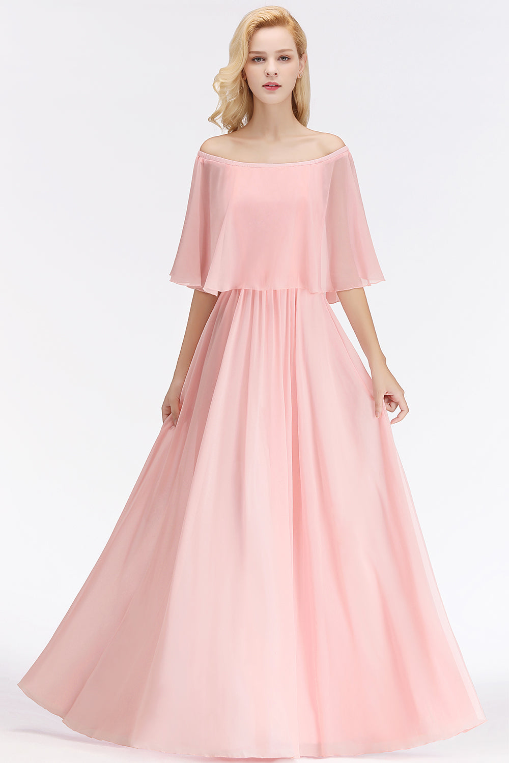 Affordable Flounced Crinkle Halter Bridesmaid dresses Modest Pink Chiffon Wedding Party Dress - Fashionpara