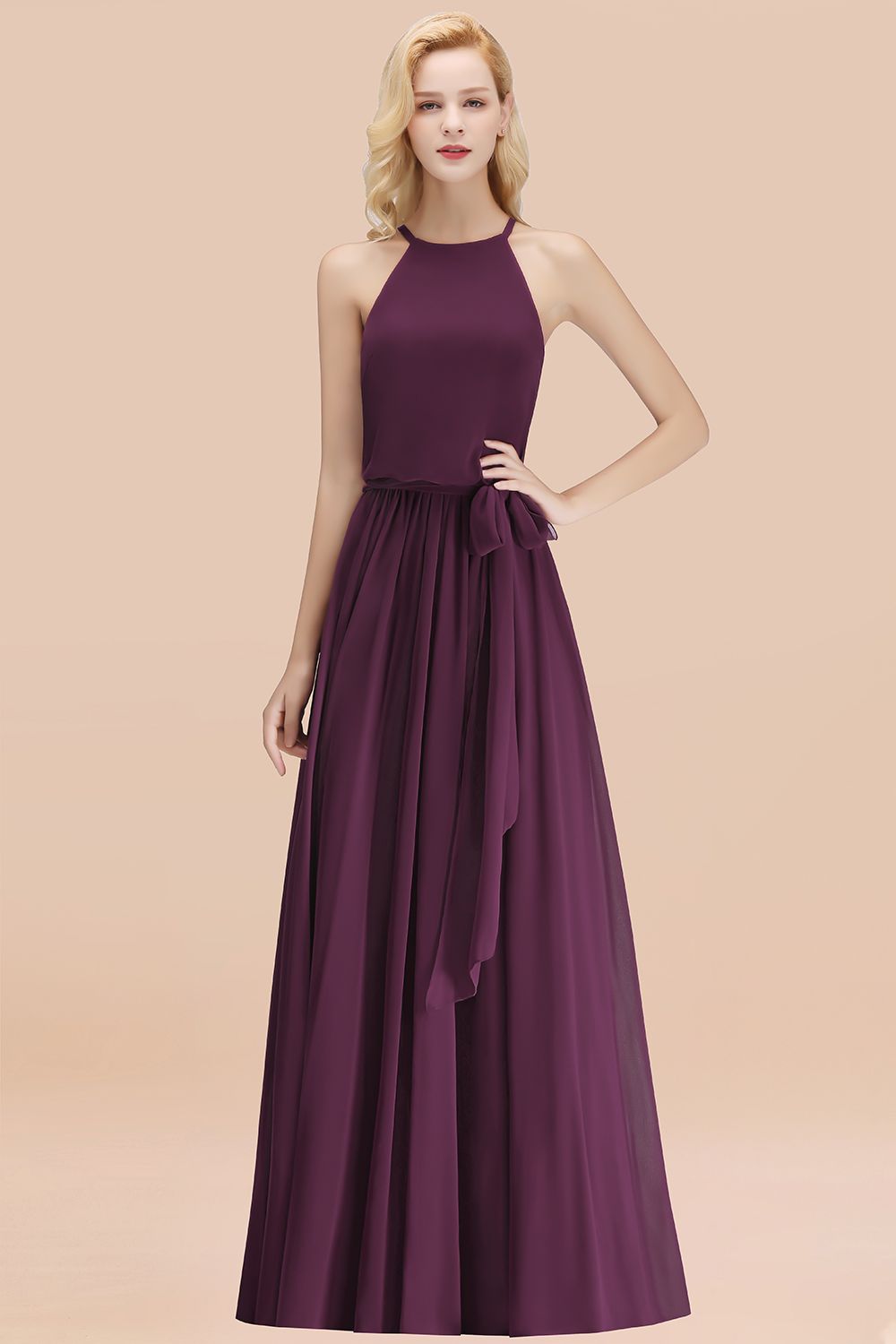 Affordable Halter Bow Long Bridesmaid Dresses Modest Burgundy Chiffon Wedding Party Dress - Fashionpara