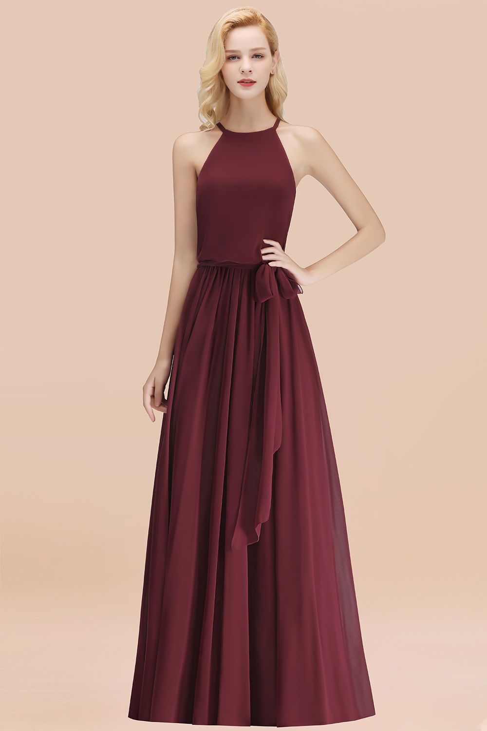 Affordable Halter Bow Long Bridesmaid Dresses Modest Burgundy Chiffon Wedding Party Dress - Fashionpara