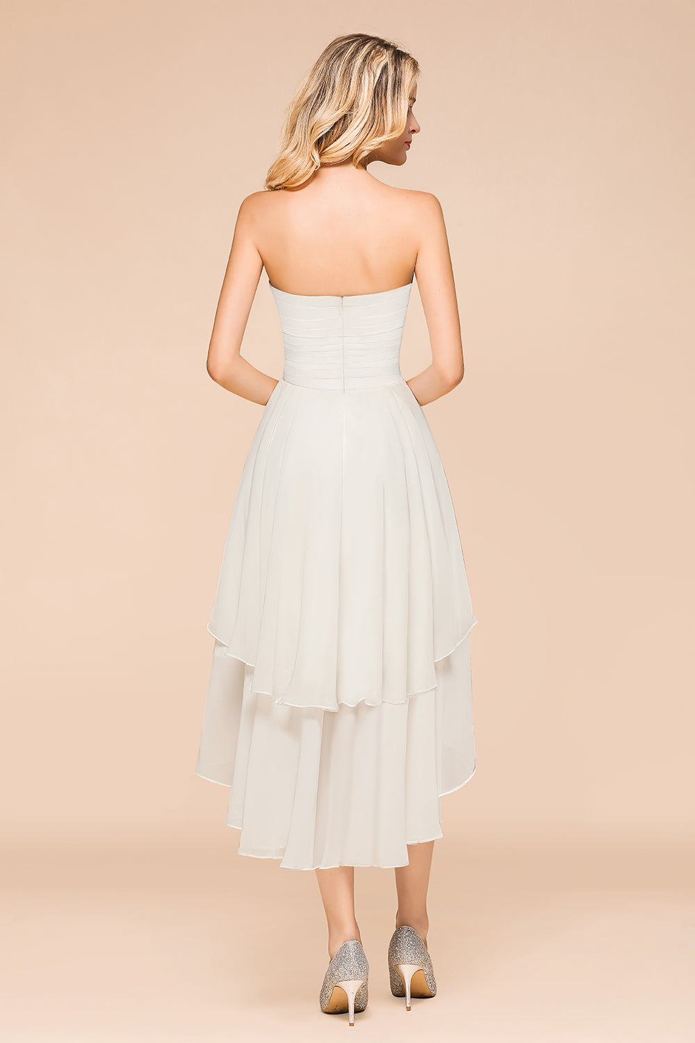 Affordable Hi-Lo Layer Ruffle Ivory Short Bridesmaid Dresses with Flower - Fashionpara