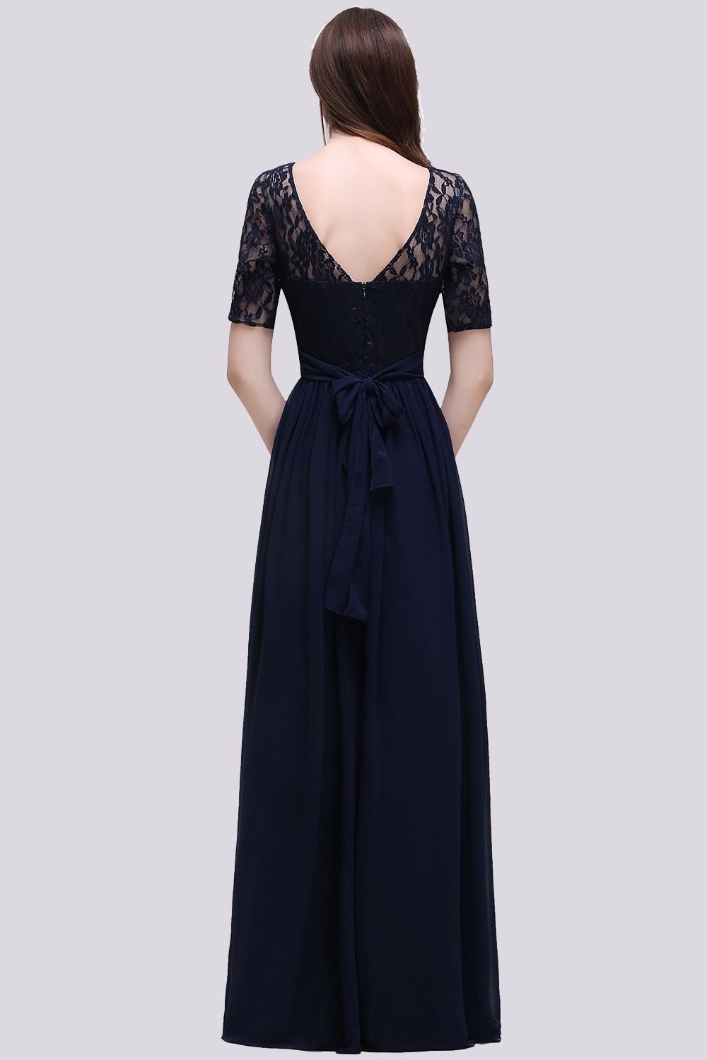 Affordable Lace Scoop Dark Navy Bridesmaid dresses with Half-Sleeves - Fashionpara