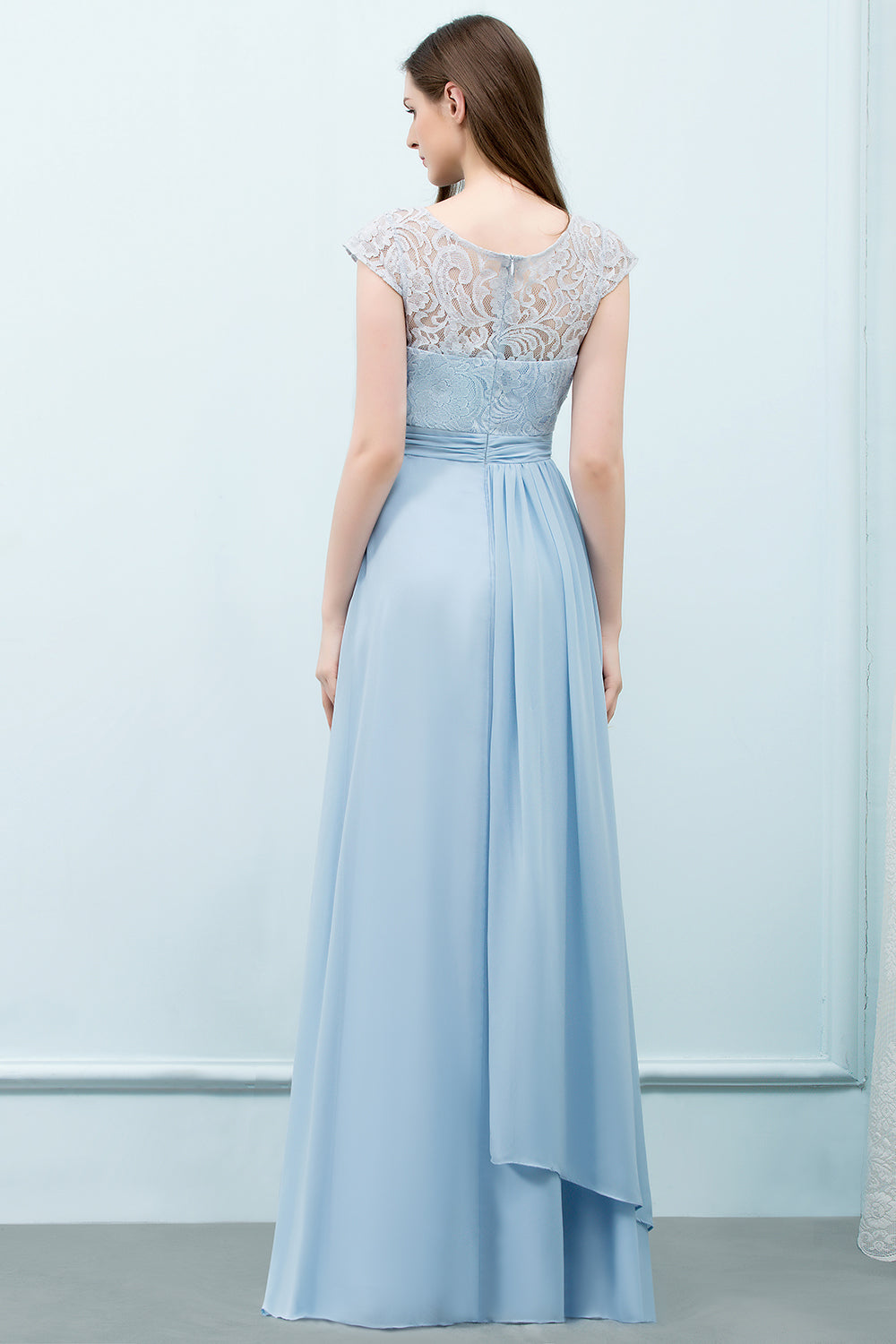 Affordable Lace Sleeveless Blue Bridesmaid dresses With Scoop Cap - Fashionpara