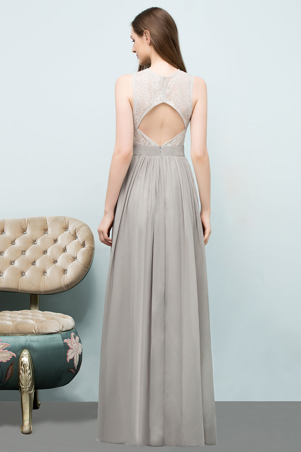 Affordable Lace Sleeveless Silver Bridesmaid Dresses with Ruffles - Fashionpara