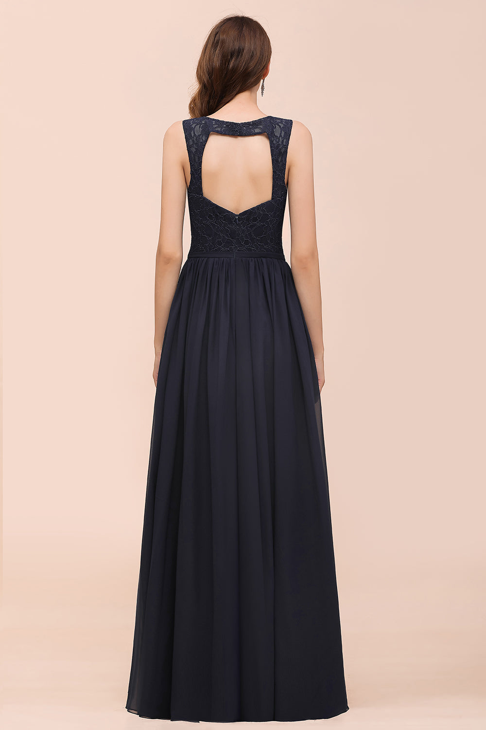 Affordable Lace V-Neck Navy Bridesmaid Dresses with Open Back - Fashionpara