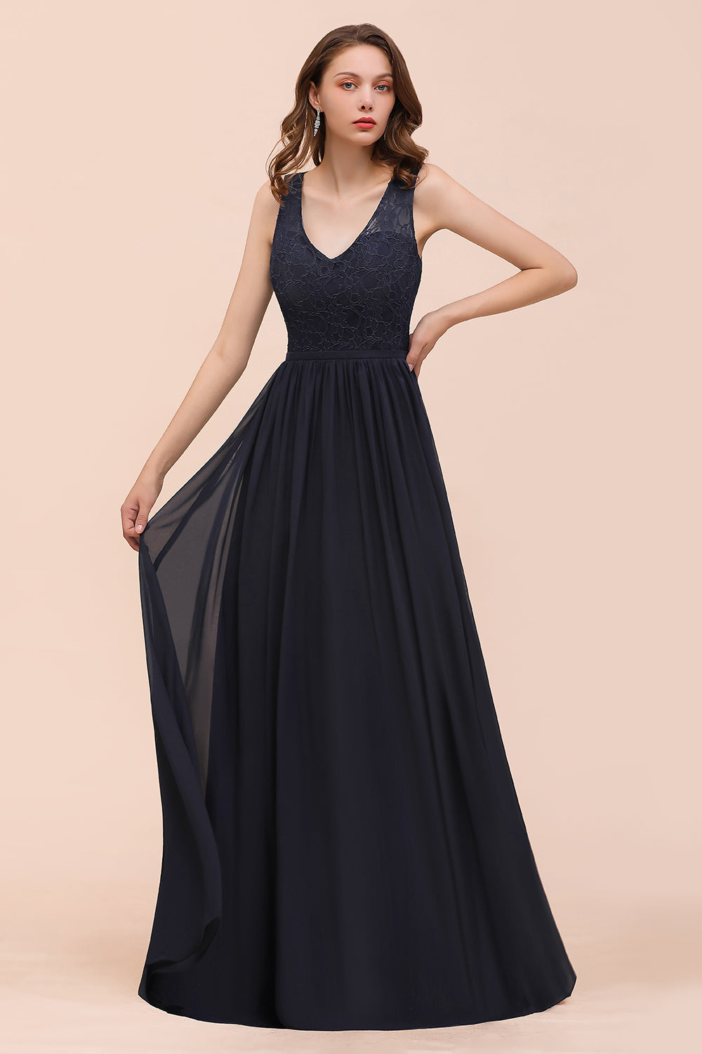 Affordable Lace V-Neck Navy Bridesmaid Dresses with Open Back - Fashionpara