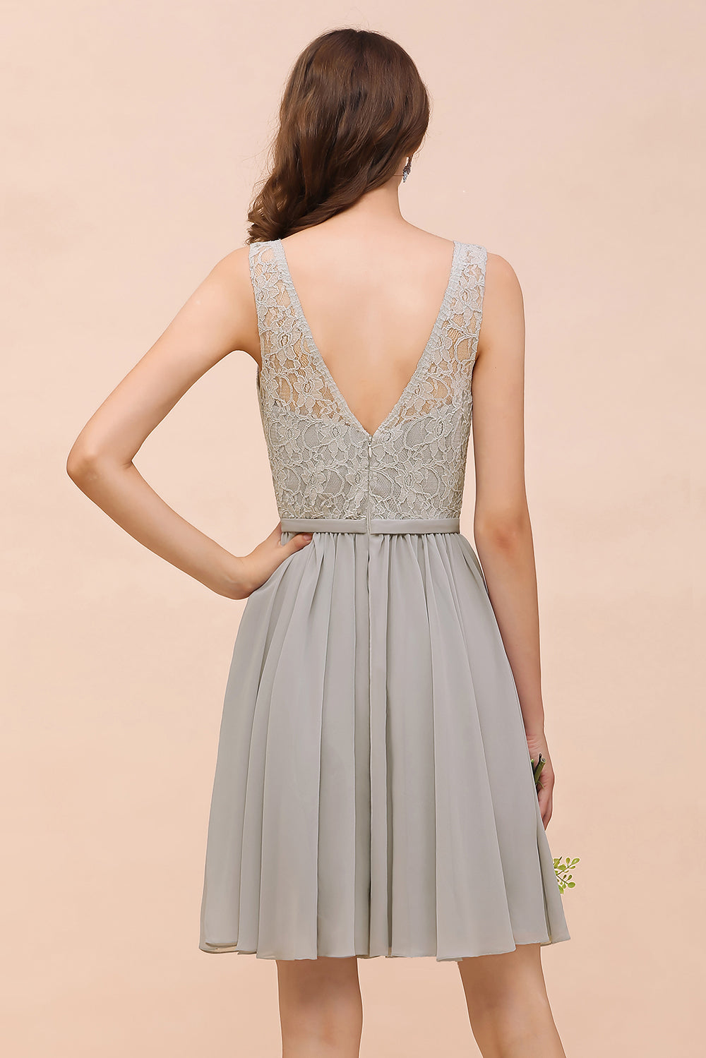 Affordable Lace V-Neck Silver Chiffon Short Bridesmaid Dresses - Fashionpara