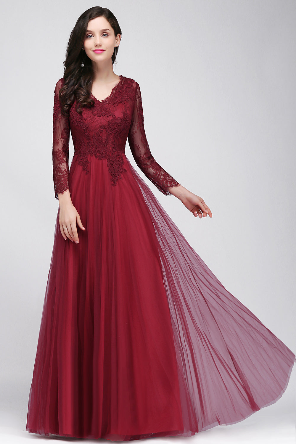 Affordable Long Sleeves V-Neck Lace Burgundy Bridesmaid dresses with Appliques - Fashionpara