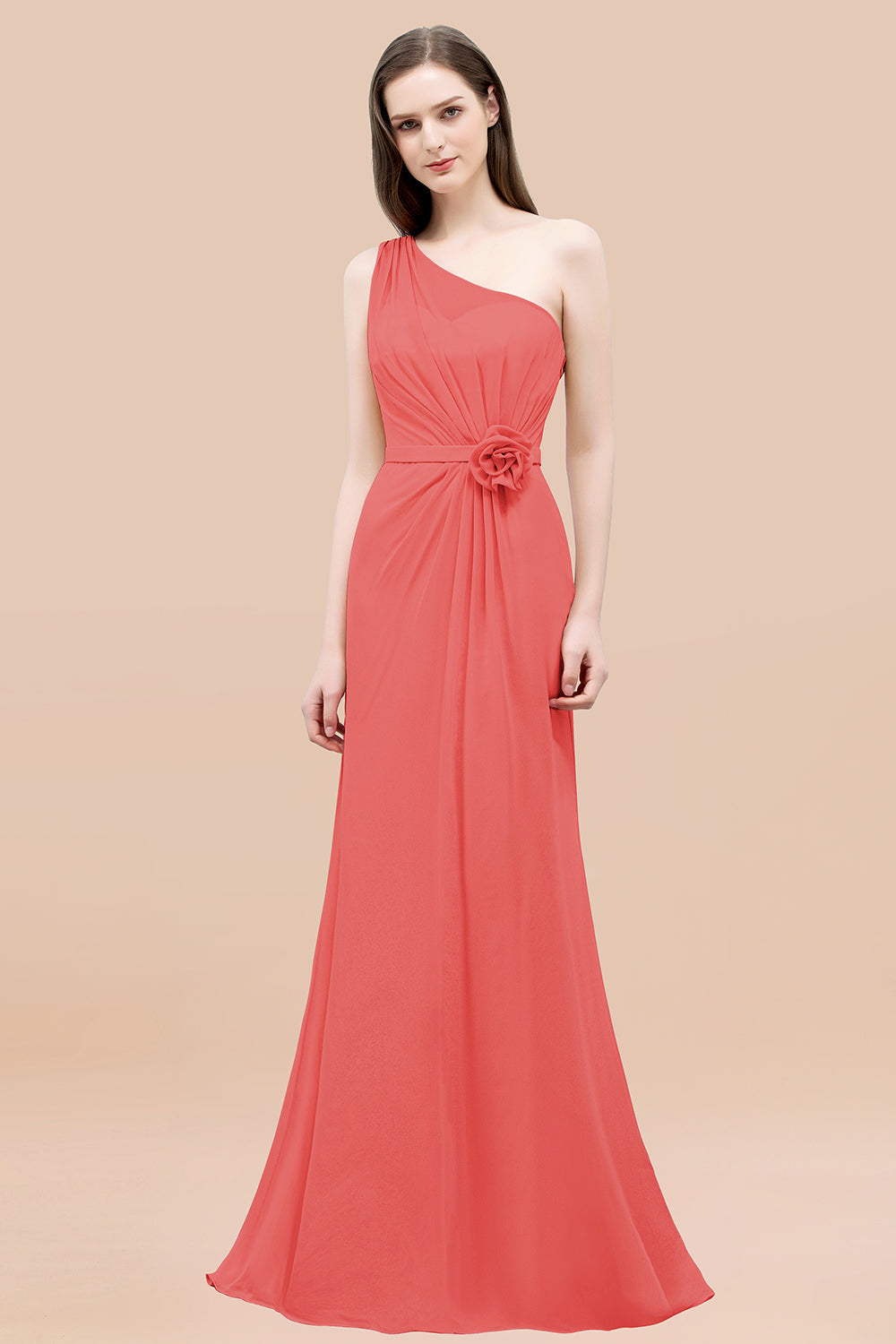 Affordable Mermaid One shoulder Pink Bridesmaid dresses with Flowers - Fashionpara