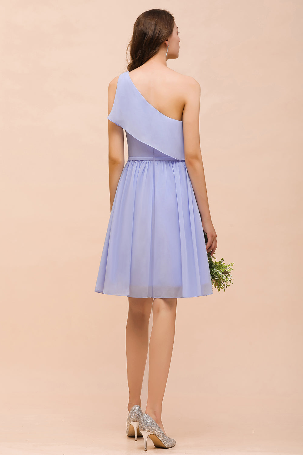 Affordable One Shoulder Ruffle Lavender Chiffon Short Bridesmaid Dresses - Fashionpara