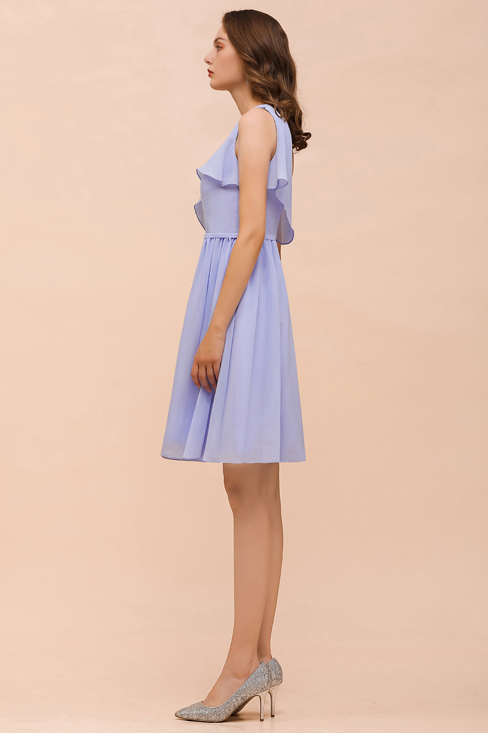 Affordable One Shoulder Ruffle Lavender Chiffon Short Bridesmaid Dresses - Fashionpara