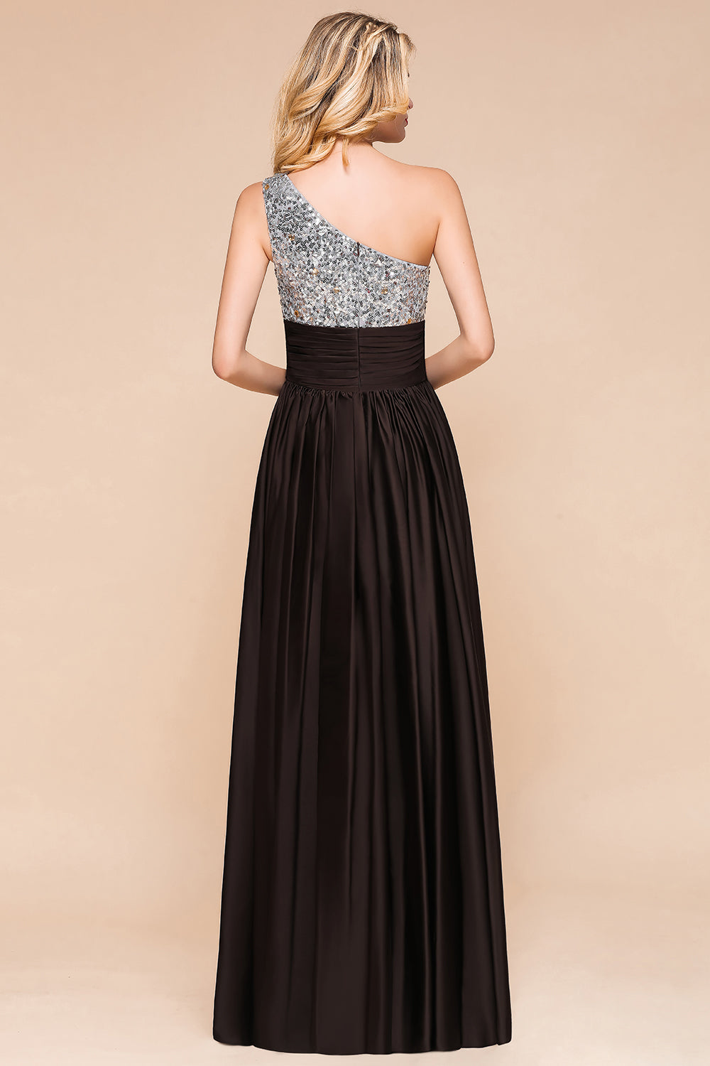 Affordable One Shoulder Sequins Long Bridesmaid dresses with Ruffle - Fashionpara