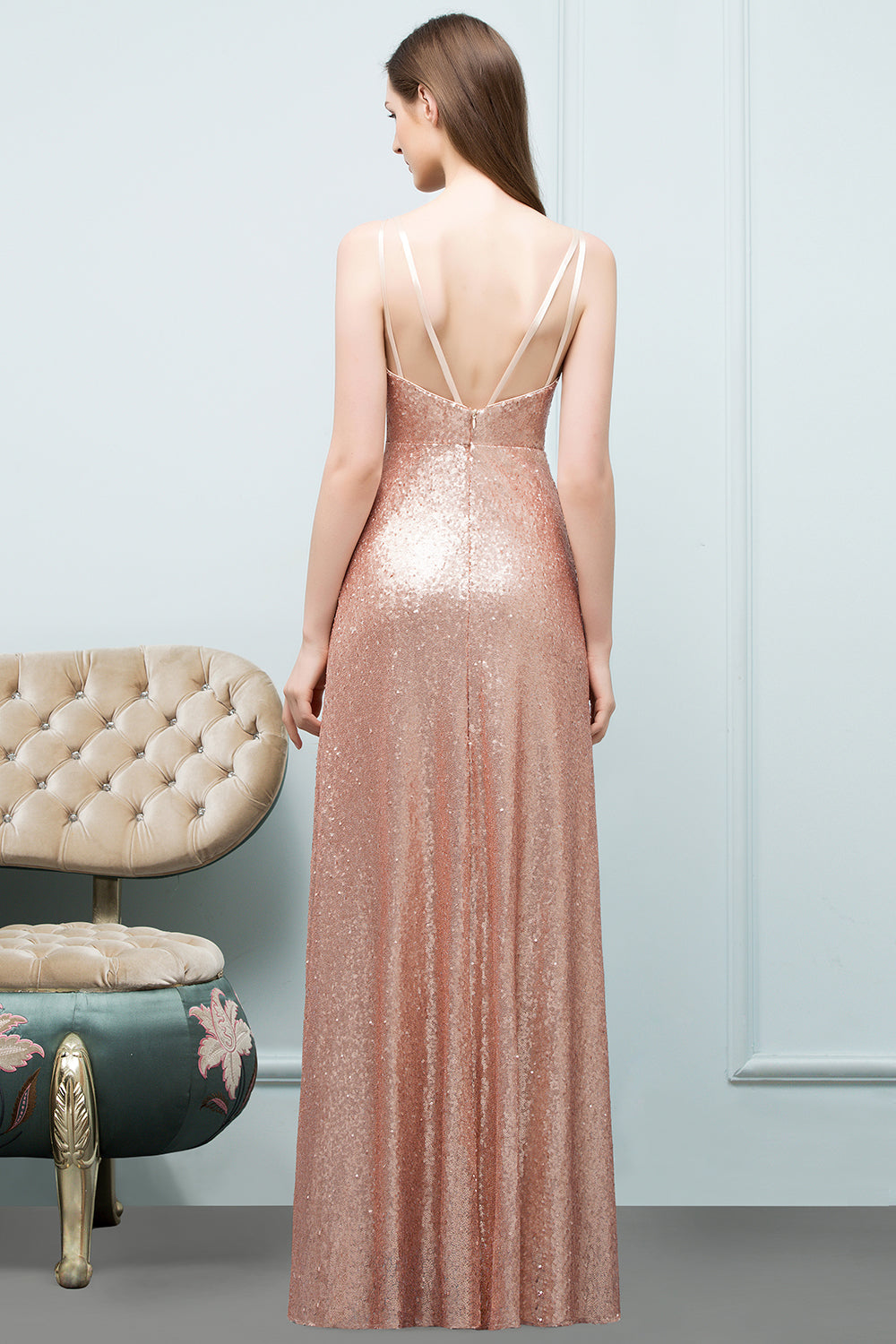 Affordable Pink Sequined Long Bridesmaid Dresses With Scoop - Fashionpara