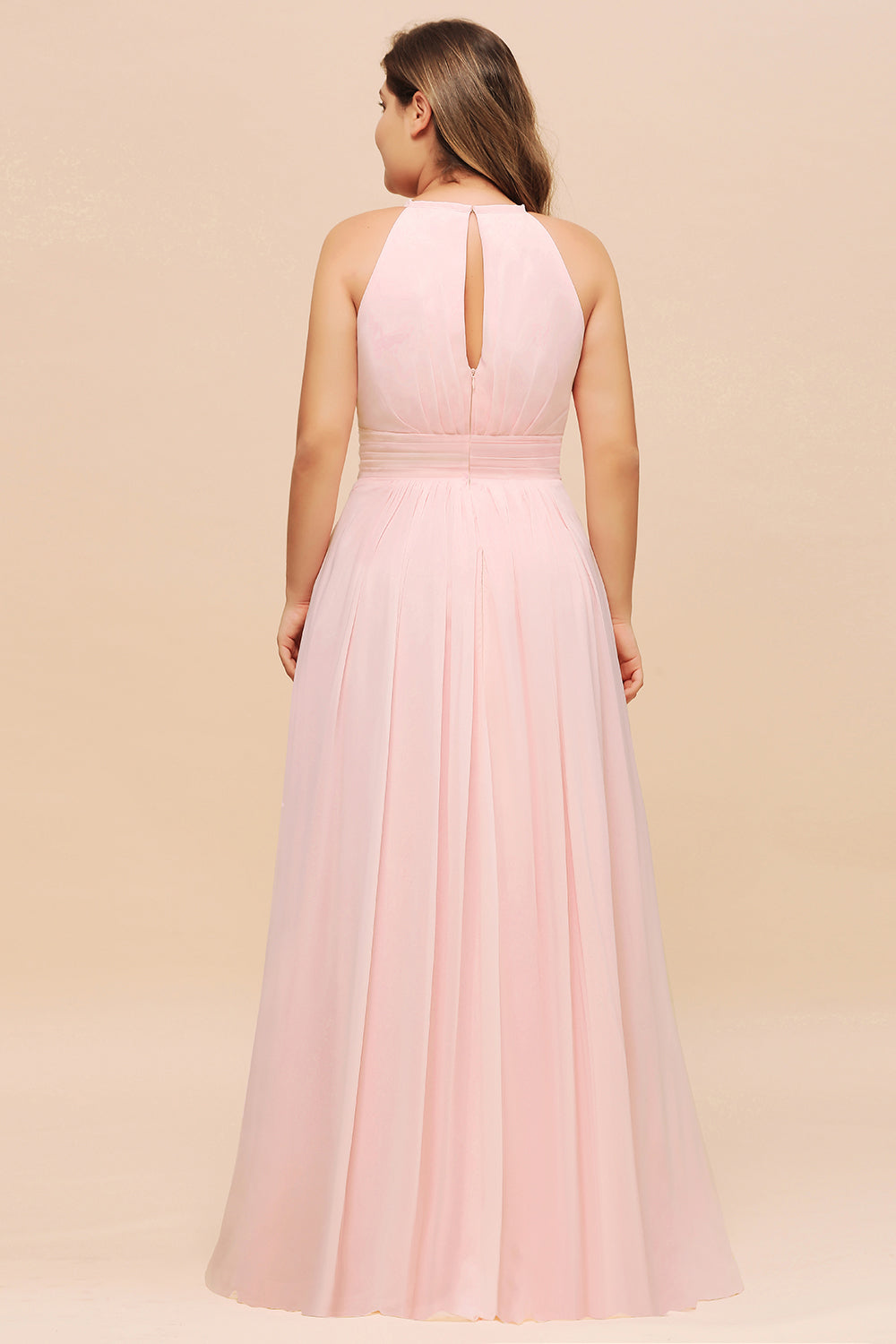 Affordable Plus Size Chiffon Round Neck Pink Bridesmaid Dresses - Fashionpara