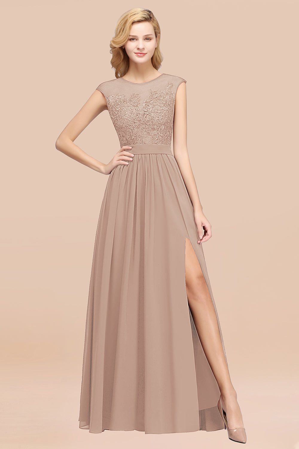 Affordable Scoop Lace Appliques Yellow Bridesmaid dresses with Slit - Fashionpara