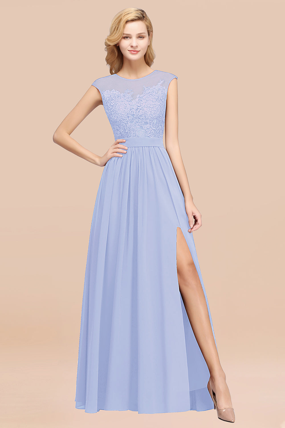 Affordable Scoop Lace Appliques Yellow Bridesmaid dresses with Slit - Fashionpara