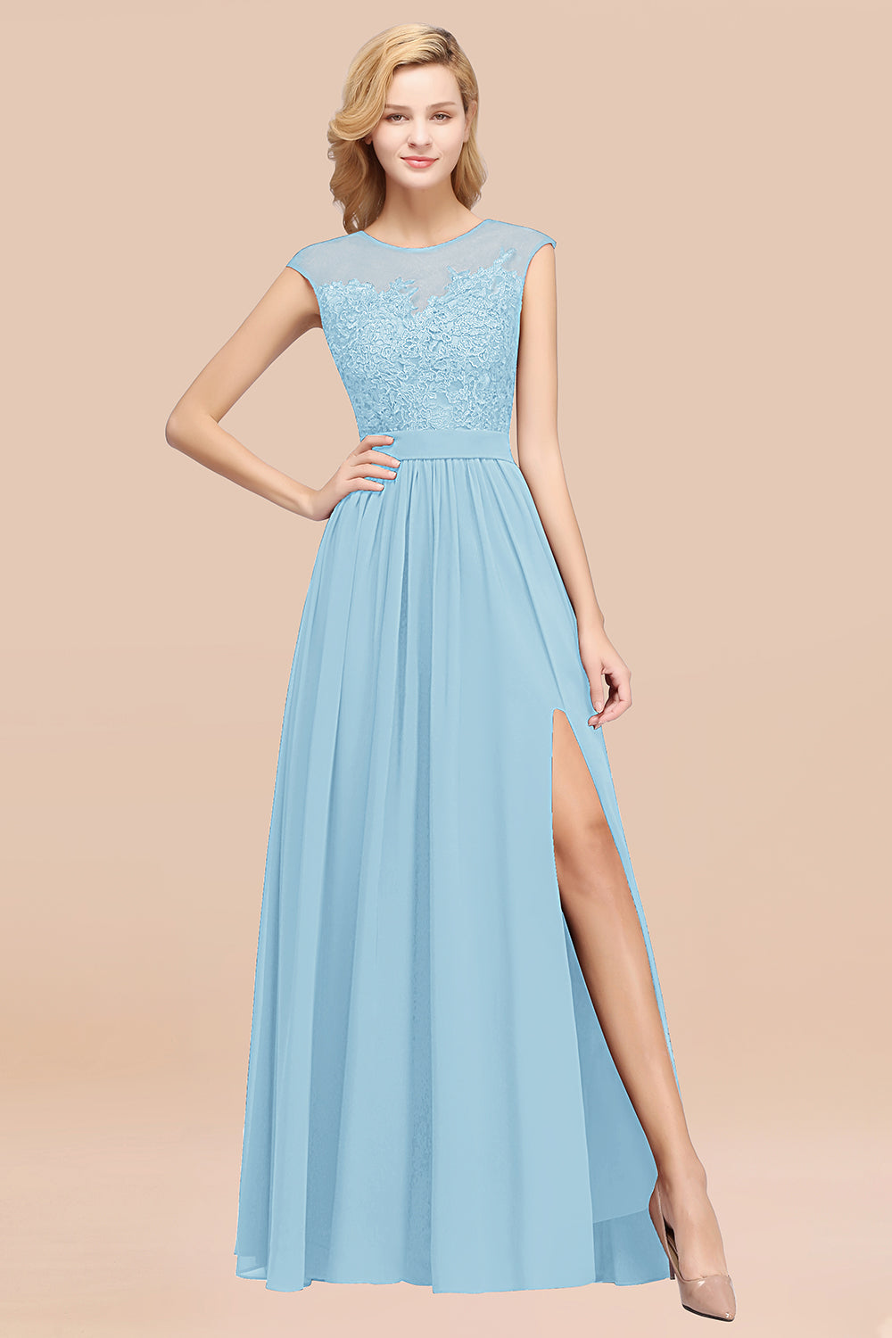 Affordable Scoop Lace Appliques Yellow Bridesmaid dresses with Slit - Fashionpara