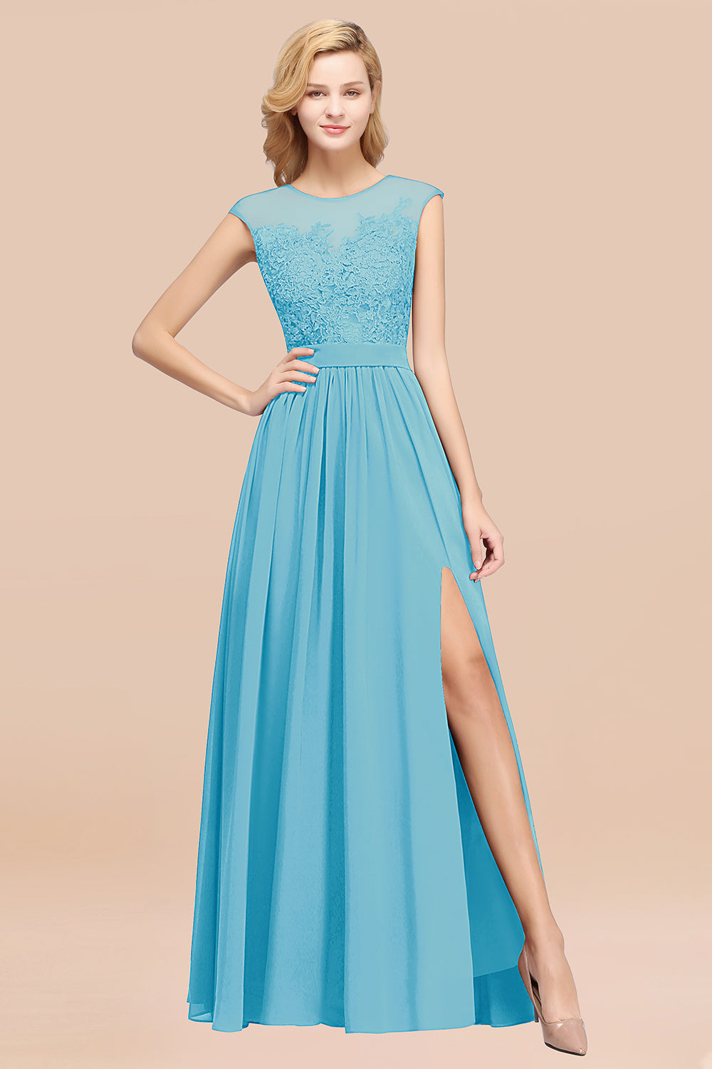 Affordable Scoop Lace Appliques Yellow Bridesmaid dresses with Slit - Fashionpara