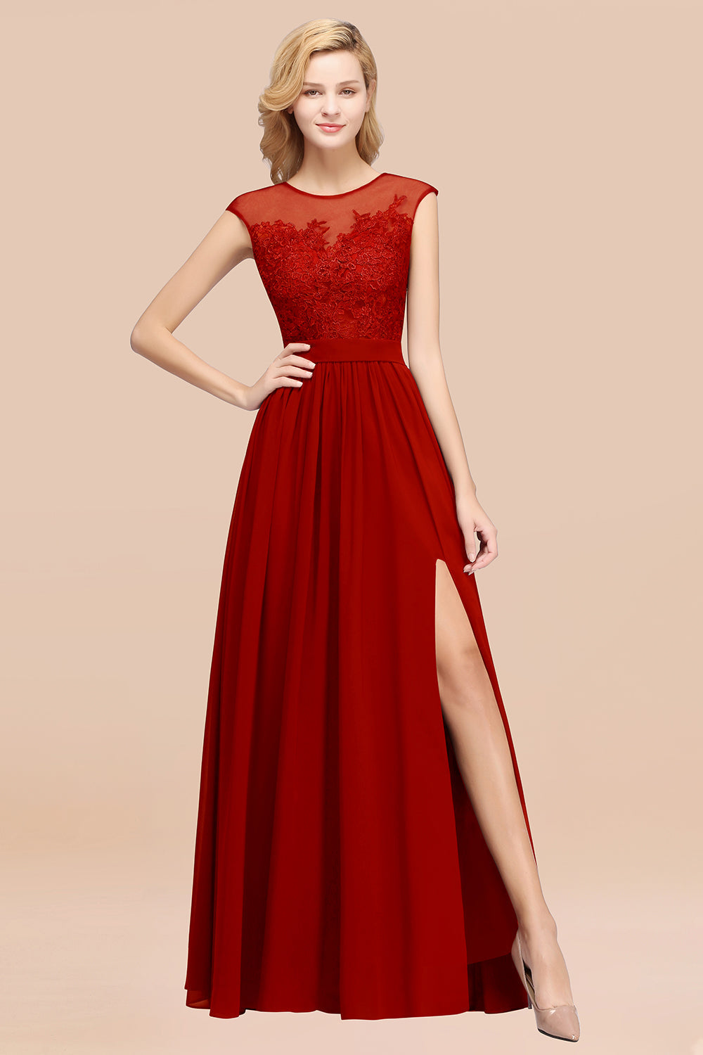 Affordable Scoop Lace Appliques Yellow Bridesmaid dresses with Slit