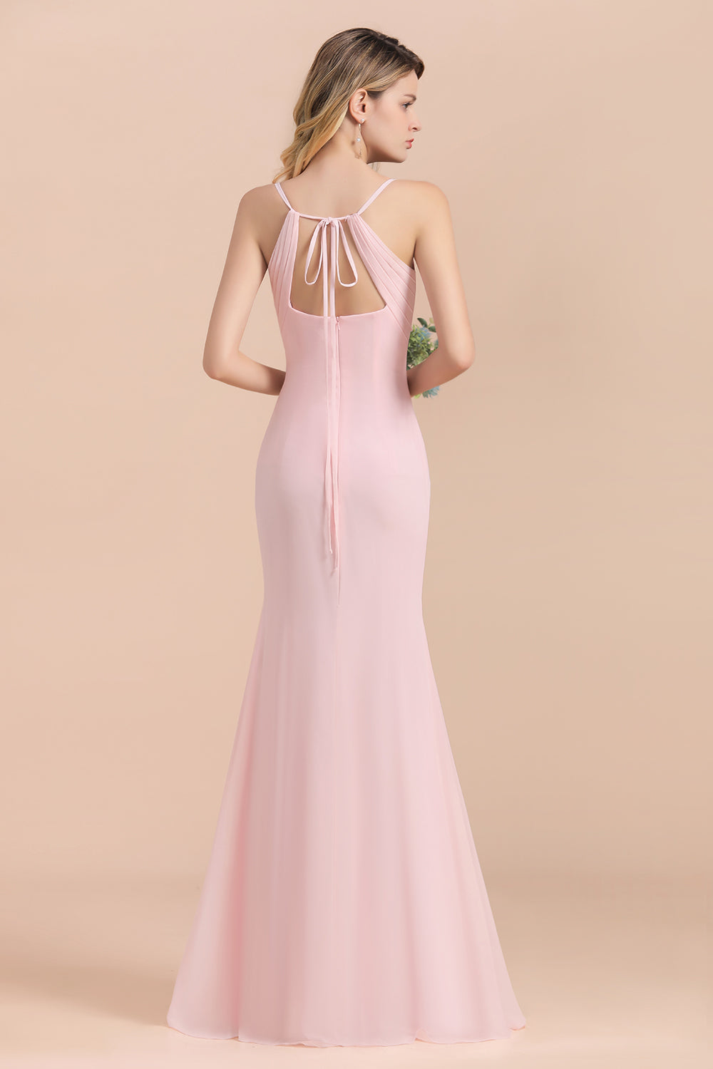 Affordable Sheath V-Neck Blushing Pink Chiffon Bridesmaid Dresses with Spaghetii Straps - Fashionpara