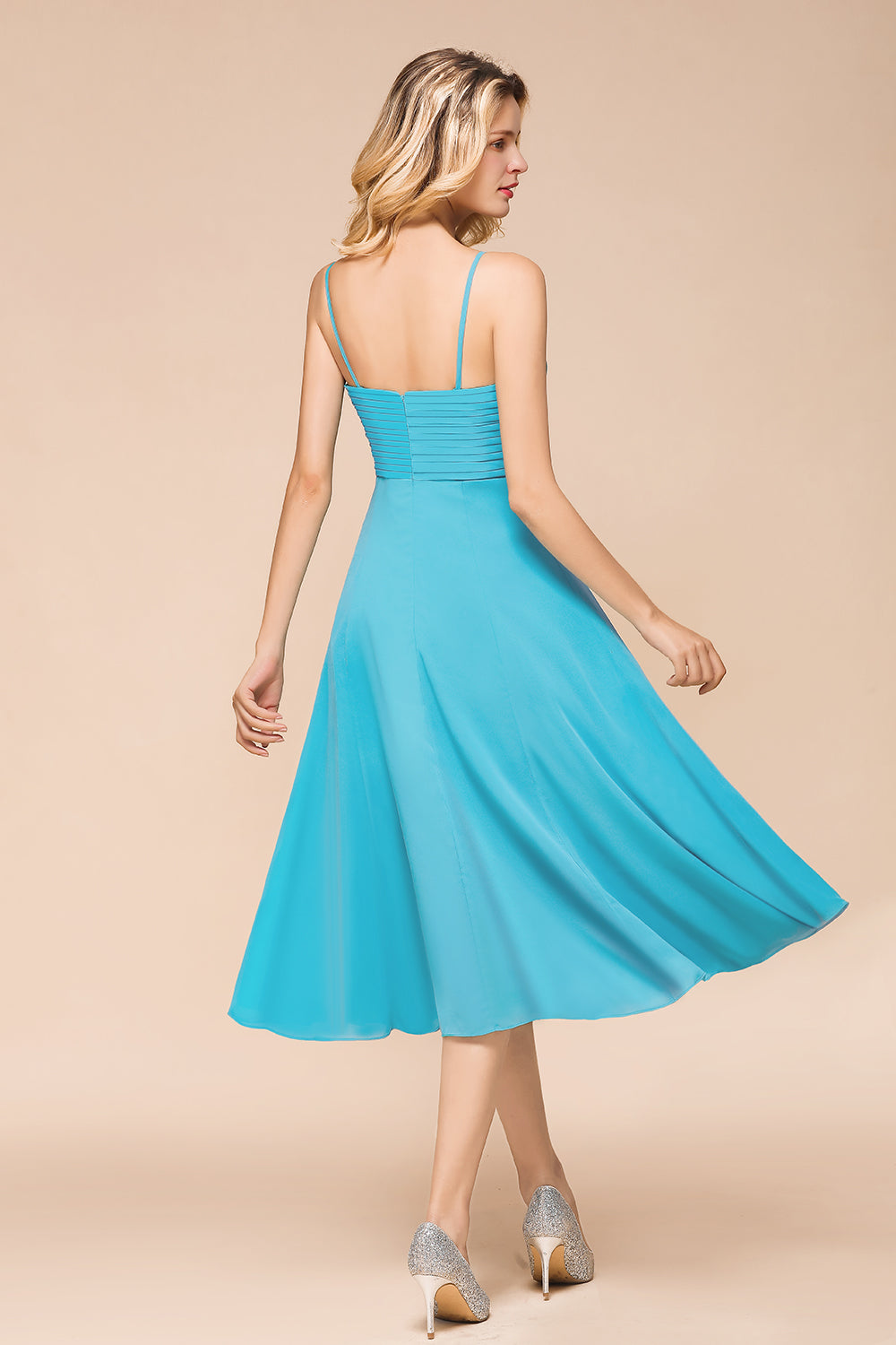Affordable Spaghetti Straps Blue Chiffon Bridesmaid Dresses with Ruffle - Fashionpara