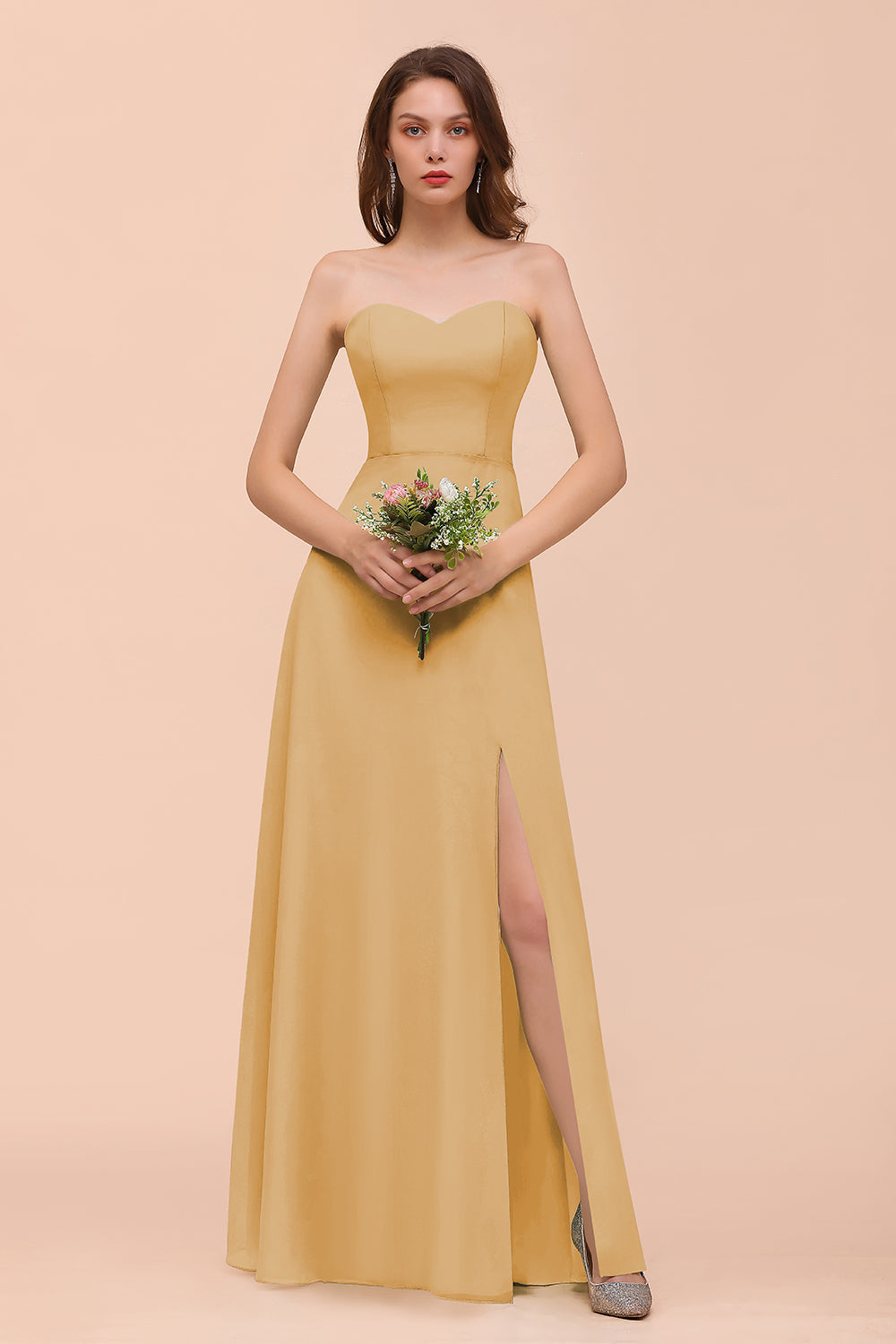 Affordable Strapless Front Slit Long Dusty Sage Bridesmaid Dresses - Fashionpara