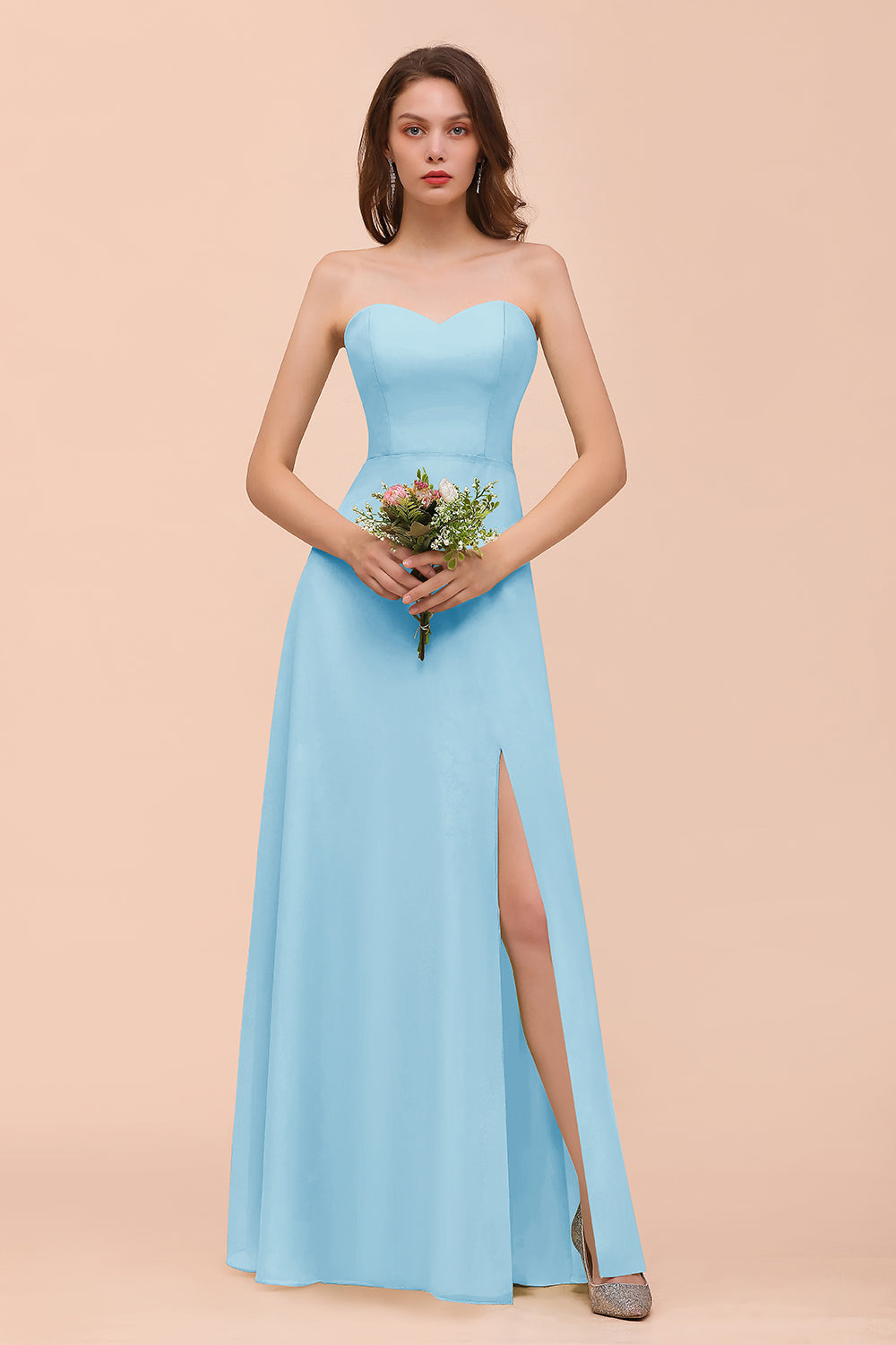 Affordable Strapless Front Slit Long Dusty Sage Bridesmaid Dresses - Fashionpara