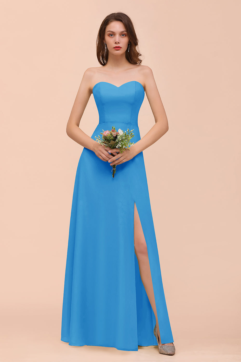 Affordable Strapless Front Slit Long Dusty Sage Bridesmaid Dresses - Fashionpara
