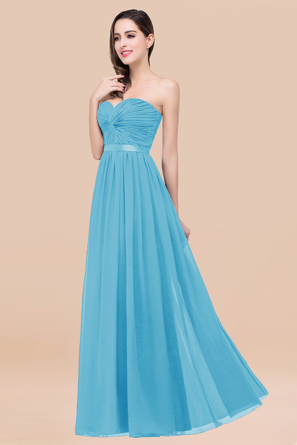 Affordable Sweetheart Ruffle Navy Chiffon Bridesmaid Dresses With Ribbon - Fashionpara