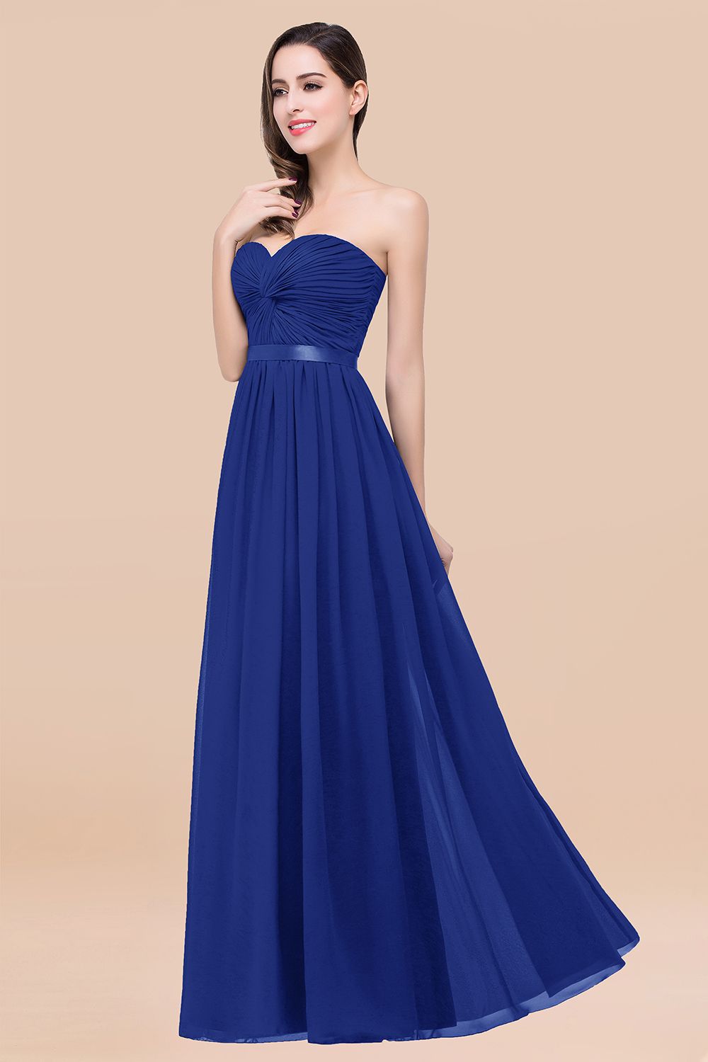 Affordable Sweetheart Ruffle Navy Chiffon Bridesmaid Dresses With Ribbon - Fashionpara