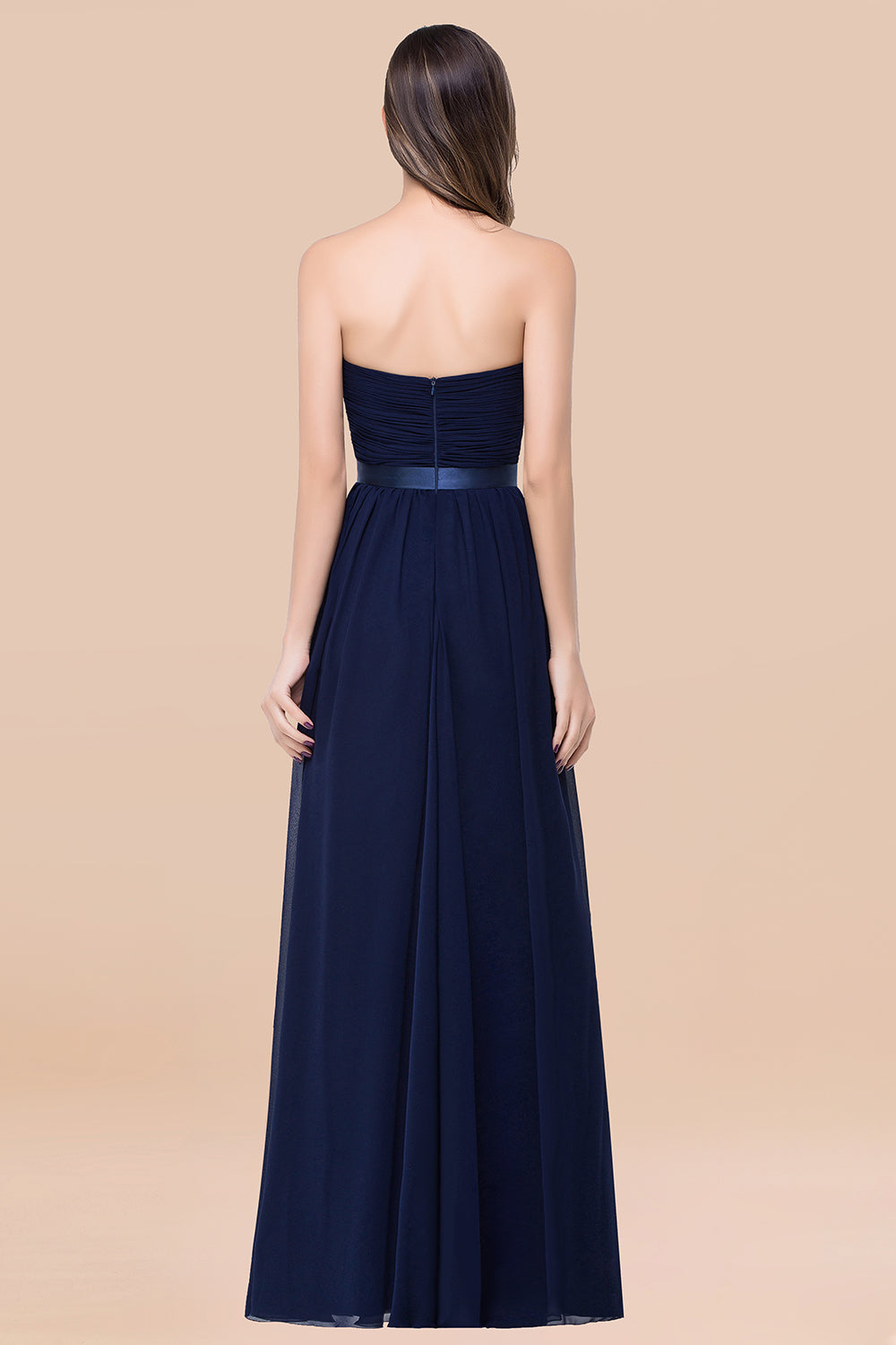 Affordable Sweetheart Ruffle Navy Chiffon Bridesmaid Dresses With Ribbon
