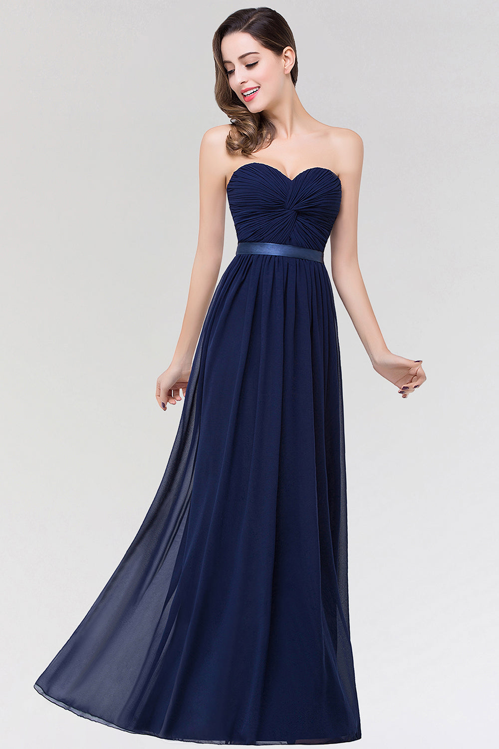 Affordable Sweetheart Ruffle Navy Chiffon Bridesmaid Dresses With Ribbon