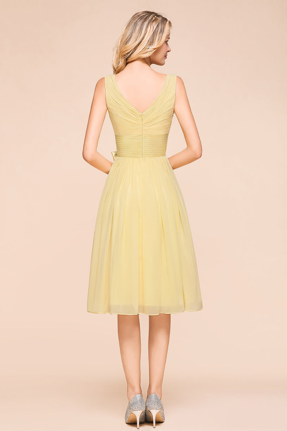 Affordable V-Neck Daffodil Chiffon Short Bridesmaid Dresses with Ruffle - Fashionpara
