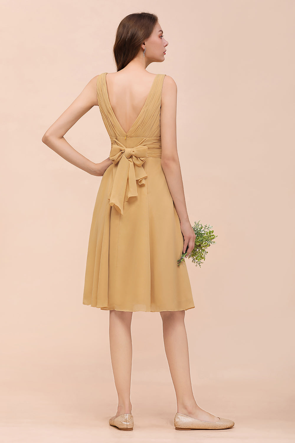 Affordable V-Neck Ruffle Gold Short Bridesmaid dresses with Bow - Fashionpara