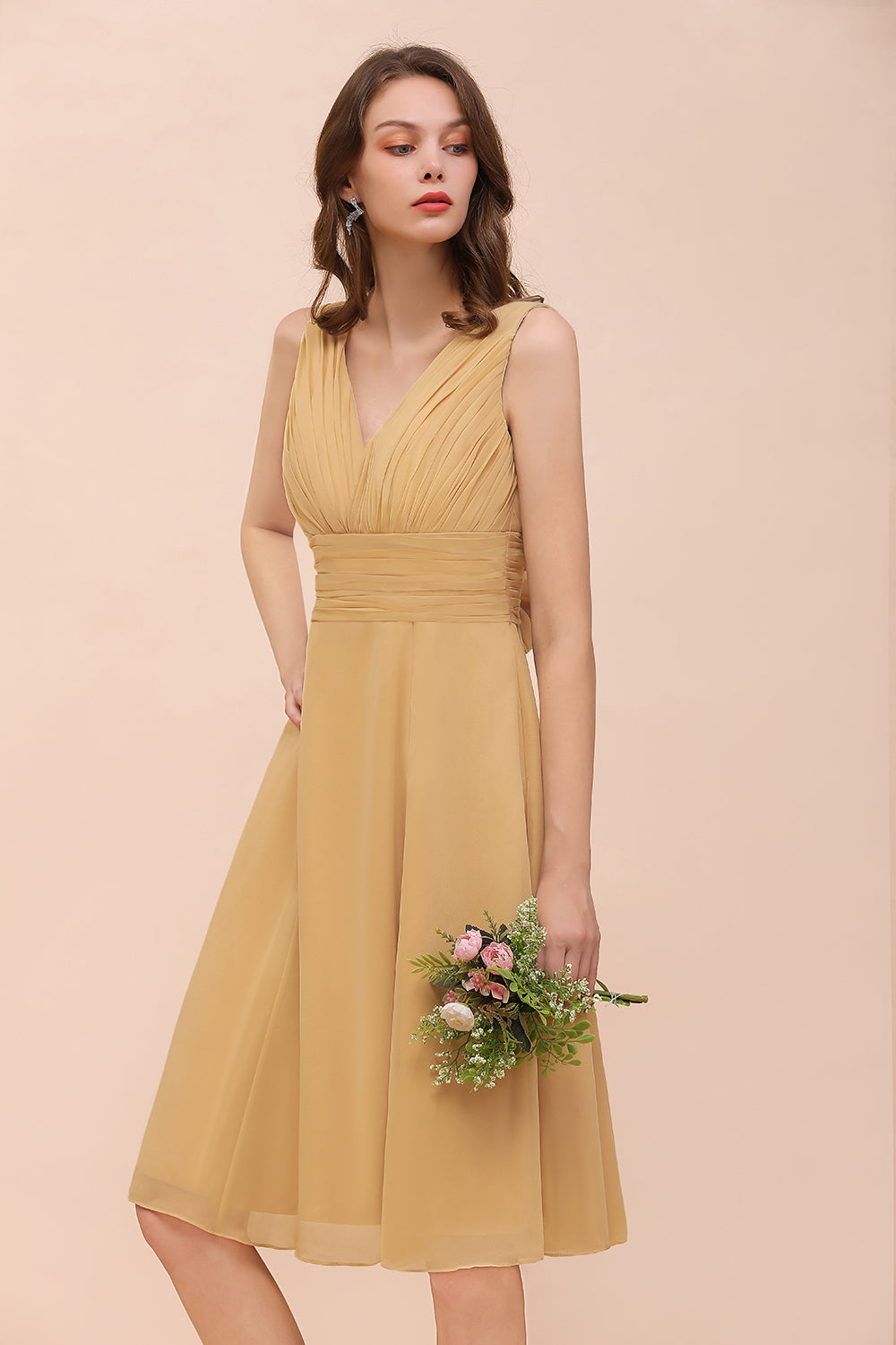 Affordable V-Neck Ruffle Gold Short Bridesmaid dresses with Bow - Fashionpara