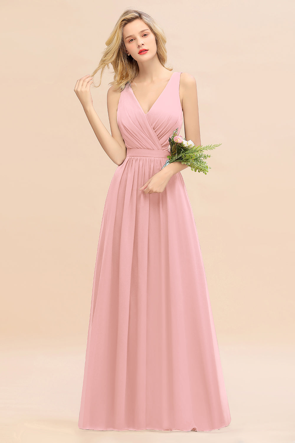 Affordable V-Neck Ruffle Long Grape Chiffon Bridesmaid Dresses with Bow - Fashionpara