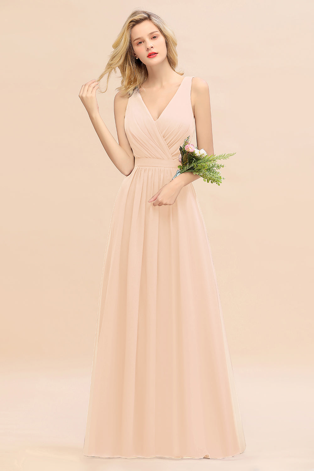 Affordable V-Neck Ruffle Long Grape Chiffon Bridesmaid Dresses with Bow - Fashionpara