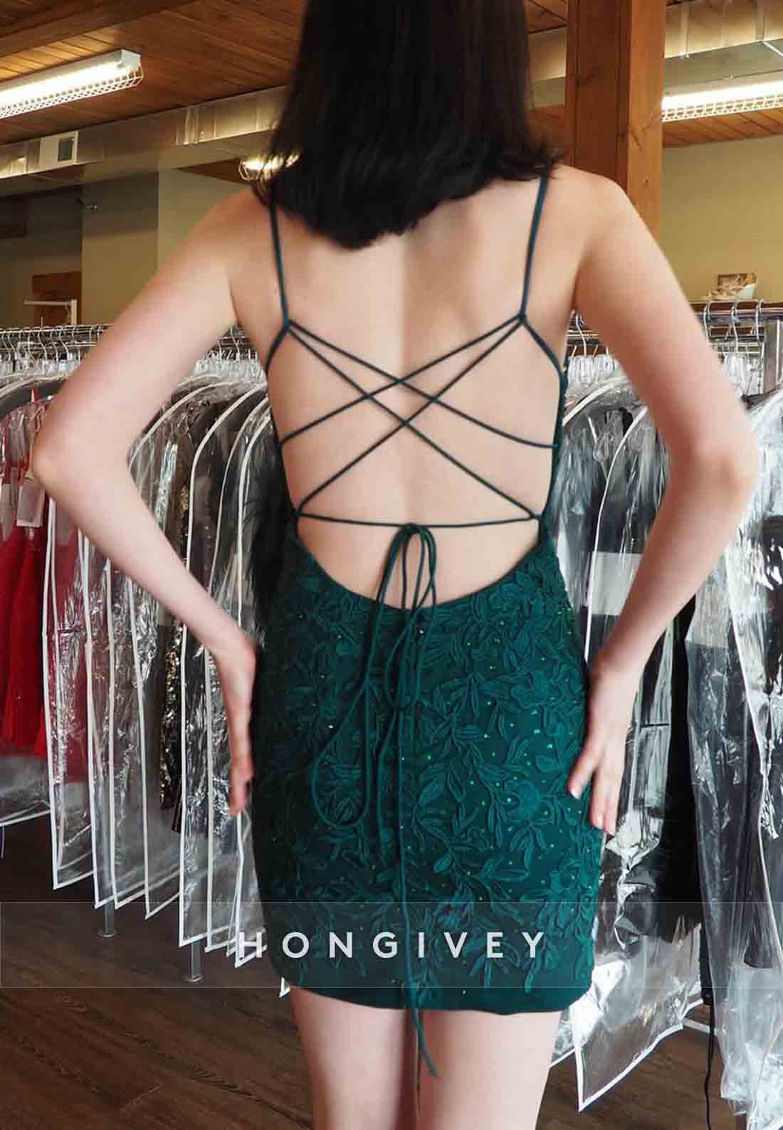 Embroidery Spaghetti Straps Tie Back V-Neck Sleeveless Mini Homecoming Dresses