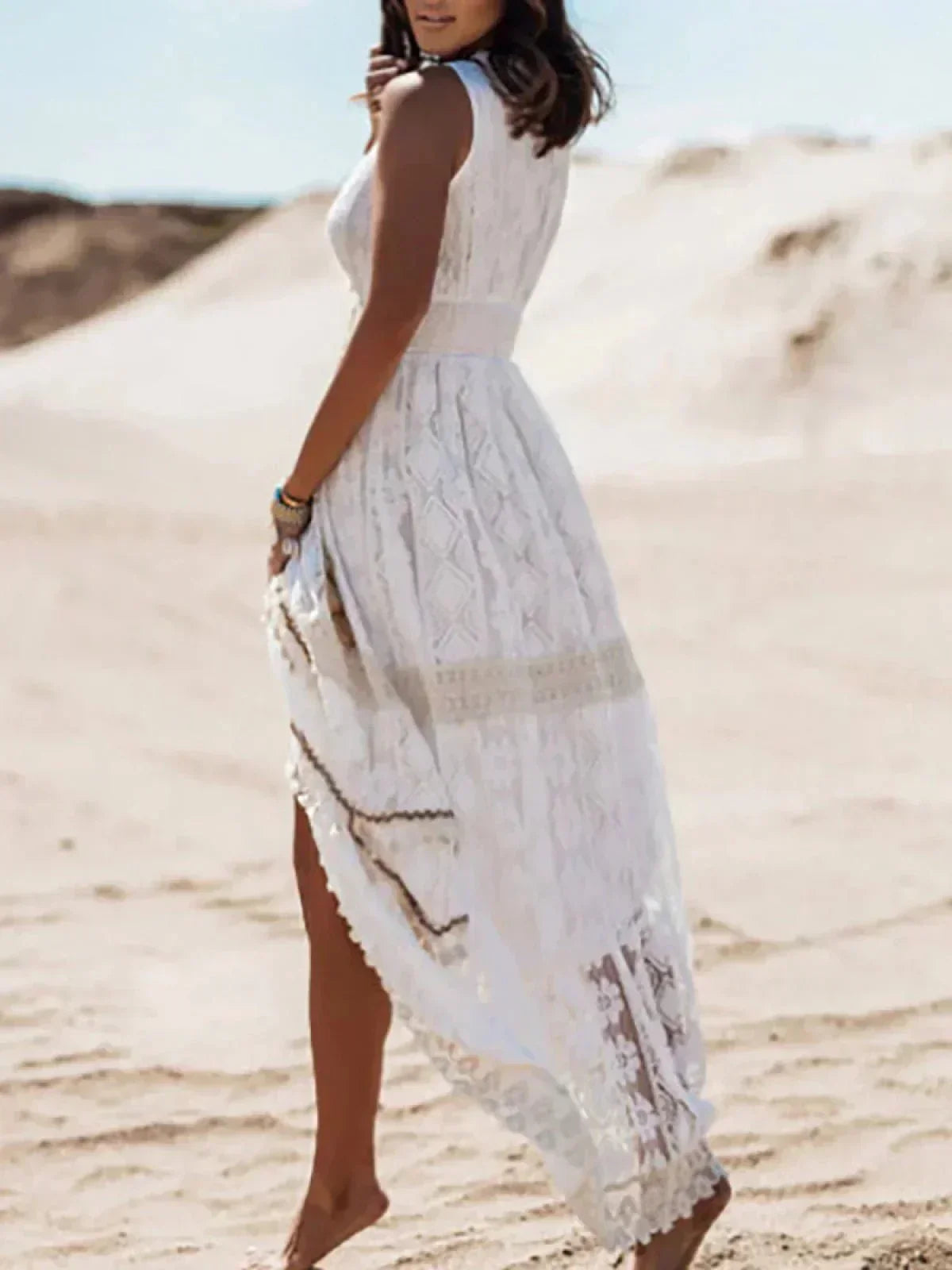 Lace Crochet Deep V-Neck Tassel Trim High Split Maxi Dress - View 5