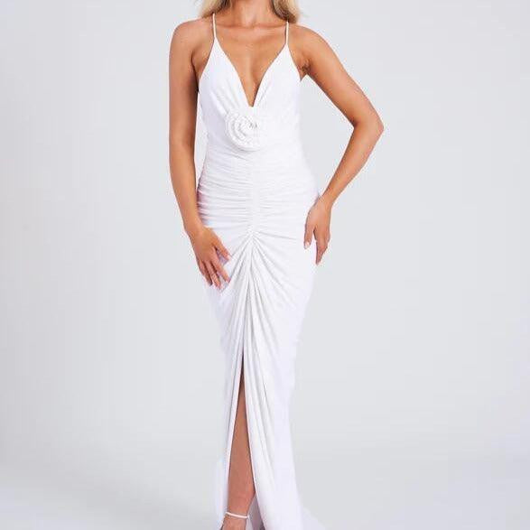Satin Rosette V-Neck Ruched Slit Maxi Gown