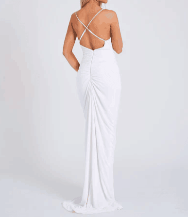 Satin Rosette V-Neck Ruched Slit Maxi Gown