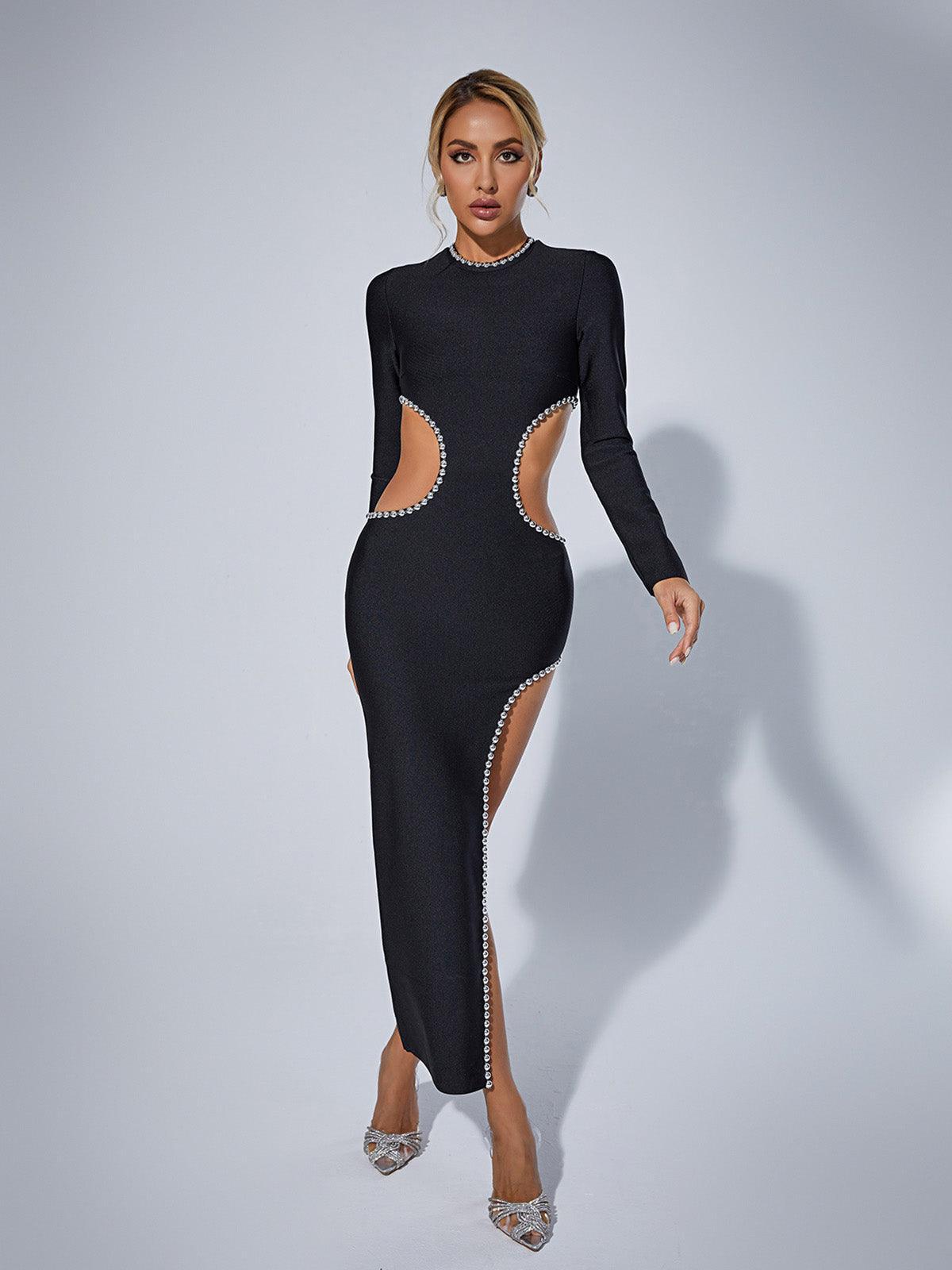 Long Sleeve Rhinestone Trim Waist Cut Out Bandage Maxi Dress - View 2
