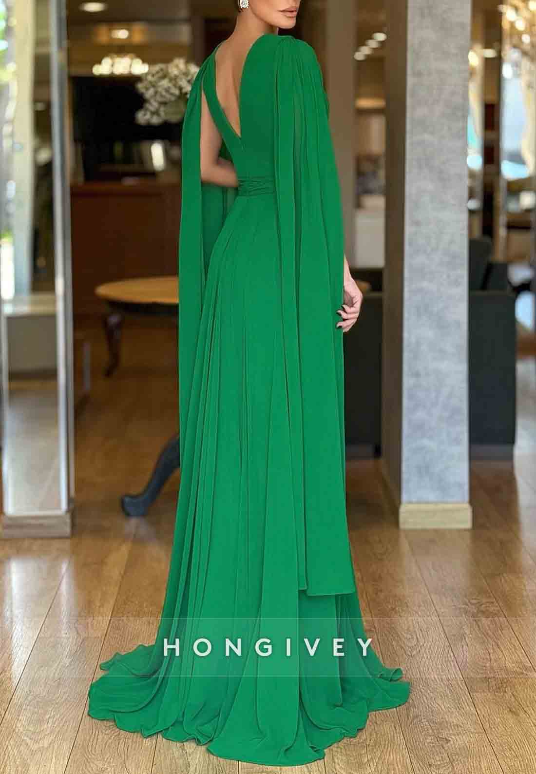 V-Neck Elegant Floor-Length V Back Column Shawl Pleated Wedding Guest Dresses