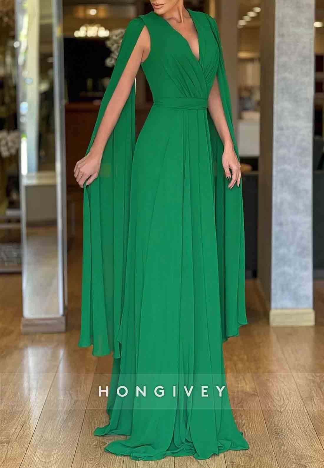 V-Neck Elegant Floor-Length V Back Column Shawl Pleated Wedding Guest Dresses