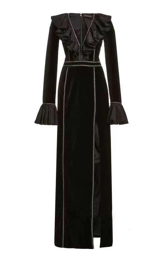 Velvet V-Neck Long Sleeve Ruffle High Slit Gown