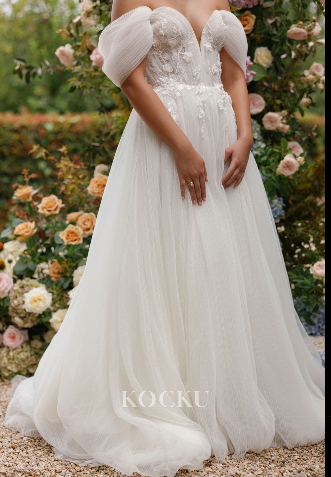 Off - Shoulder Wide Strap Tulle Wedding Dress with Floral Appliqués & Train