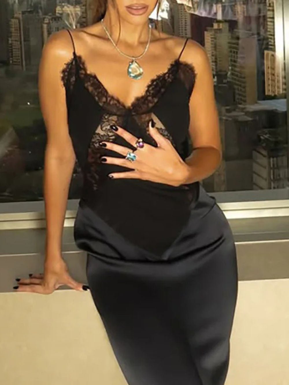 Alessia Lace Spaghetti Maxi Dress in Black - View 4