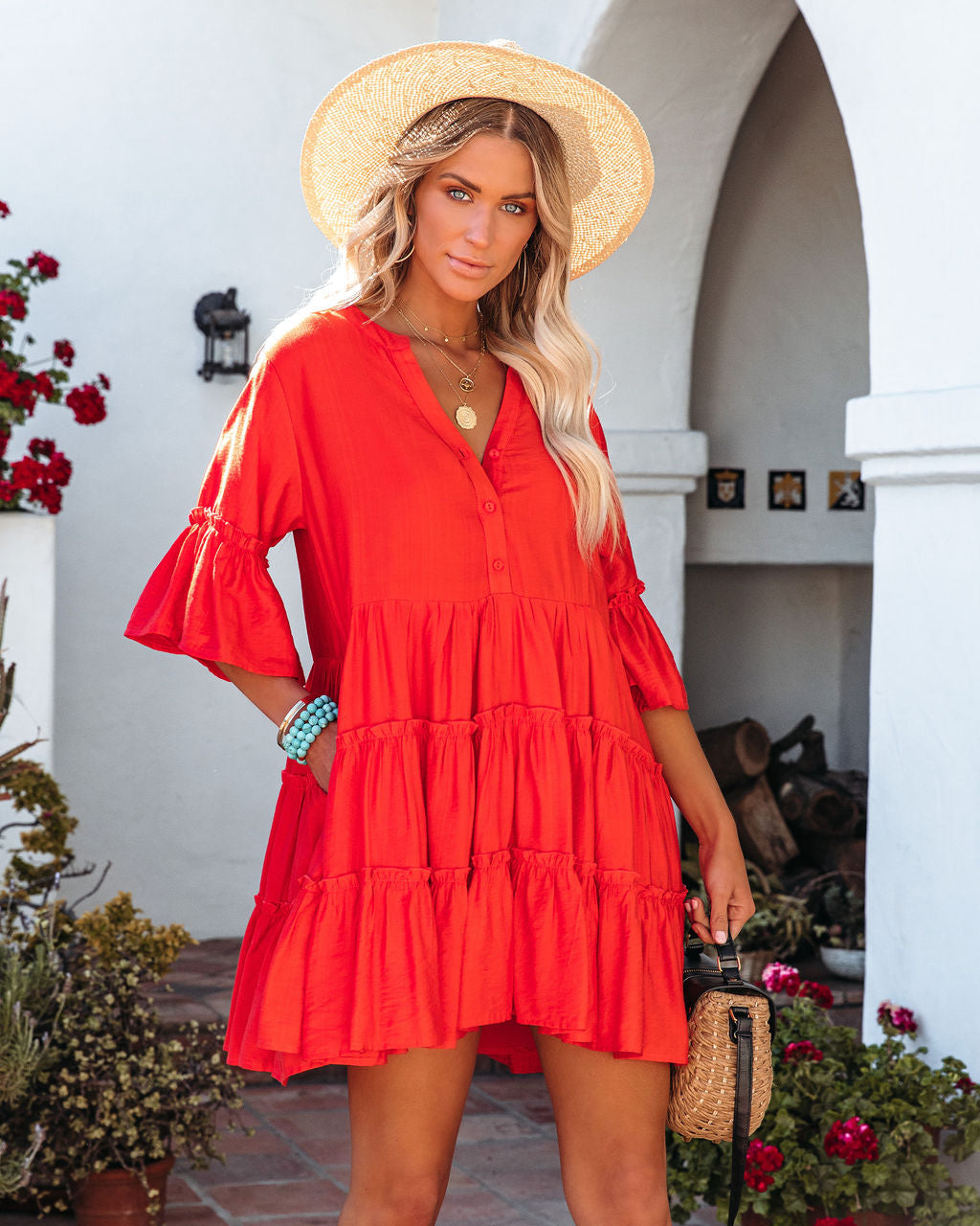 V-Neck Button Front Ruffle Sleeve Tiered Mini Dress